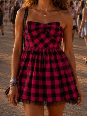 Y2K Forever 21 Hot Pink Black Plaid Bow Sleeveless Mini Dress Sz S Scene Grunge